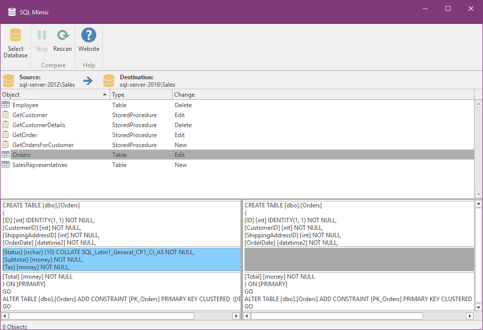 Screenshot of comparison results